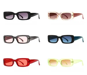 Retro rectangular sunglasses set in six colors including black, brown, and neon green