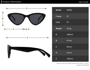 Tableau des tailles pour lunettes œil de chat montrant la largeur de 148mm et les détails