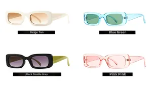 Detail view of four trendy rectangular sunglasses in beige, blue, black, and pink frames