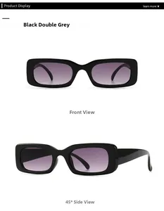 Front and 45-degree side views of black rectangle sunglasses with purple gradient lenses