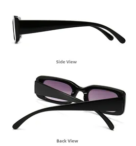 Detail view of black rectangular sunglasses with purple lenses showing side and back angles