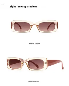 Front and 45-degree side view of modern rectangular sunglasses with light tan frames