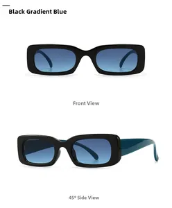 Front and 45-degree side macro view of rectangular retro black frame sunglasses with blue lenses
