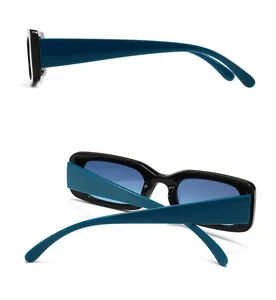 Side and back view of retro rectangle sunglasses with teal thick frames and blue lenses