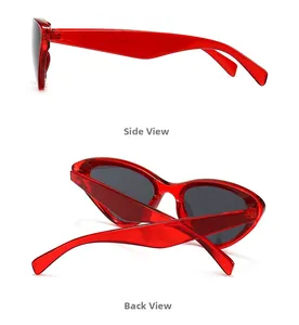 Vue détaillée des lunettes de soleil œil de chat rouges transparentes avec les branches