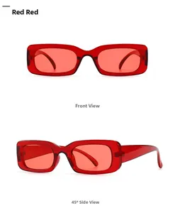 Detailed front and 45-degree angle views of retro red rectangular sunglasses for women