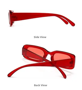 Side and back view of modern transparent red rectangular retro fashion sunglasses