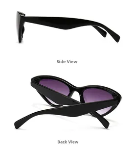 Vues latérale et arrière de lunettes de soleil œil-de-chat noires avec verres dégradés violets