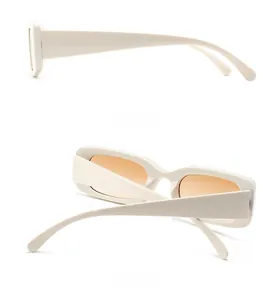 Side and back view of retro white rectangular sunglasses with light brown lenses