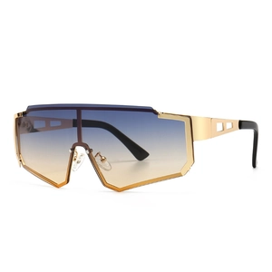 Men's metal sports cycling sunglasses with blue-yellow gradient lenses and gold frames