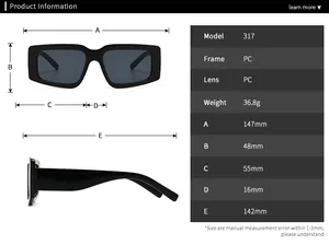 Detailed size chart and technical specifications for rectangle PC frame sunglasses