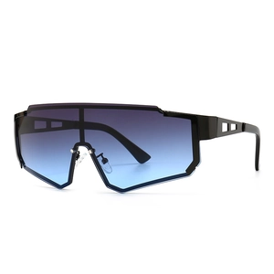 Men's metal oversized cycling sunglasses with geometric black frame and blue gradient lens