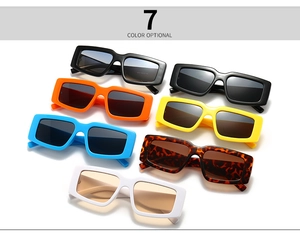 Detailed grid showing seven color options of retro rectangular plastic sunglasses