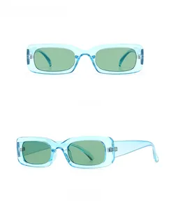 Front and 45-degree angle views of retro rectangular blue-green translucent sunglasses