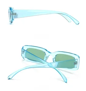 Side and back view of retro rectangular sunglasses with transparent blue frame and green lenses