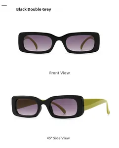 Front and 45-degree angle view of vintage rectangle sunglasses with green temples