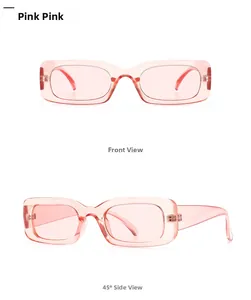 Pink rectangle sunglasses detail view showing front and 45-degree angle perspectives