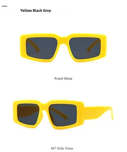 Detailed front and 45-degree angle views of trendy yellow rectangular frame sunglasses