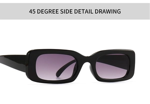 45-degree side view of retro rectangular sunglasses with black frames and purple lenses