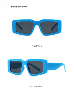 Front and 45-degree side view of blue rectangle sunglasses with dark grey lenses