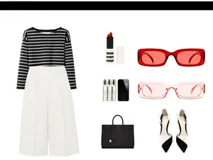 Fashion set featuring modern square sunglasses, striped top, white pants and leather handbag