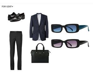 Flat lay of men's business set with suits, leather briefcase, and retro sunglasses