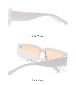 Detail view of white wide-frame sunglasses with amber lenses showing side and back profile