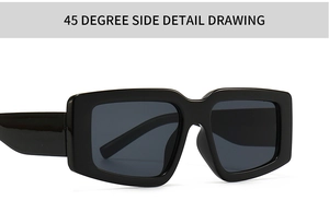 Detailed side view of 45-degree angled black square chunky sunglasses with wide temples