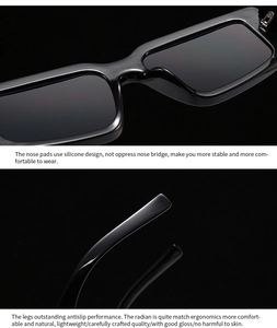 Detail of ergonomic anti-slip temples and soft silicone nose pads on black square sunglasses