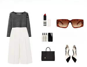 Fashion lookbook with striped top, white trousers, black tote, and trendy sunglasses
