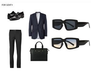 Flat lay of men's navy striped suit, leather shoes, business bag and black sunglasses
