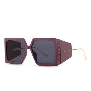 Modern square frame sunglasses with purple matte finish and embossed fashion detail