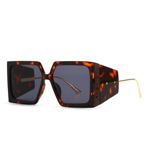 Modern leopard print square sunglasses with dark grey lenses and gold metal temples