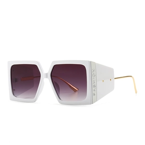 Modern white square sunglasses with gradient purple lenses and gold metal temples