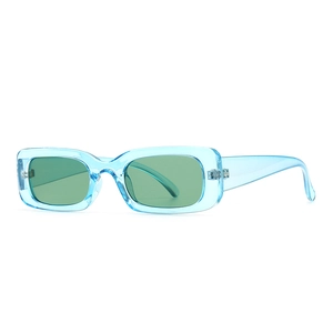 Retro rectangle sunglasses with light blue transparent frame and dark green lenses