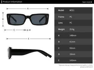 Detailed size chart for modern rectangular sunglasses with frame and lens measurements