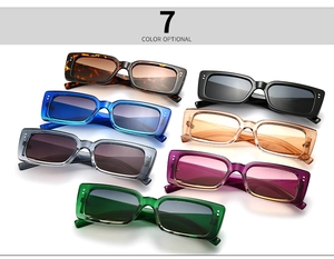 Detailed top view of retro rectangle sunglasses in seven vibrant colors with rivet accents