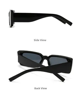 Side and back view of retro square frame sunglasses with rivet details and dark lenses