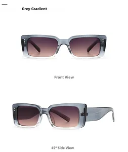 Detail view of vintage rectangle sunglasses with grey-tan gradient lenses and stud accents