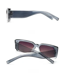 Side and back views of modern square sunglasses with transparent gray frames and gradient lenses