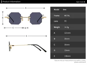 Detailed size chart for rimless octagonal sunglasses with frame and lens dimensions