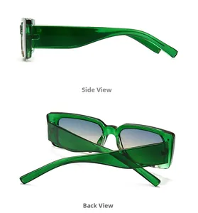 Side and back view of retro rectangle sunglasses in translucent green with silver rivets