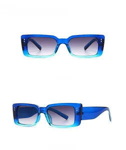 Front and side view of blue translucent rectangle sunglasses with gradient lenses