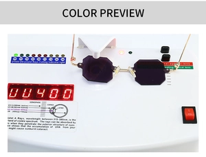 Detail showing sunglasses with purple lenses undergoing UV400 protection testing