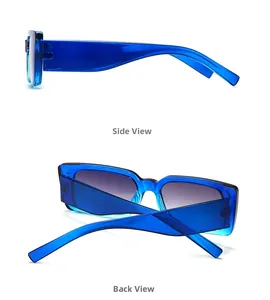 Side and back view of retro square blue translucent sunglasses with wide temples