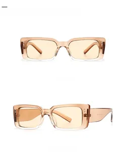 Front and 45-degree angle view of vintage tan rectangle sunglasses with wide temples