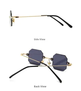 Detail view showing side and back angles of rimless irregular octagonal sunglasses