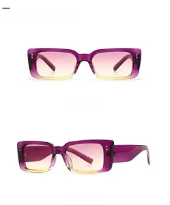 Detail view of vintage rectangle sunglasses in transparent purple with metal rivet accents
