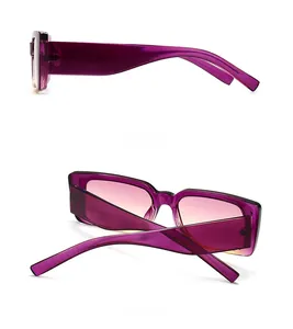 Detail view of purple rectangle sunglasses showing the thick side arms and back angle