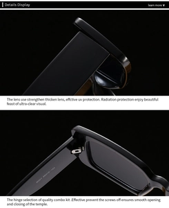 Detail of square sunglasses hinge and inner temple showing model M321 and UV protection specs